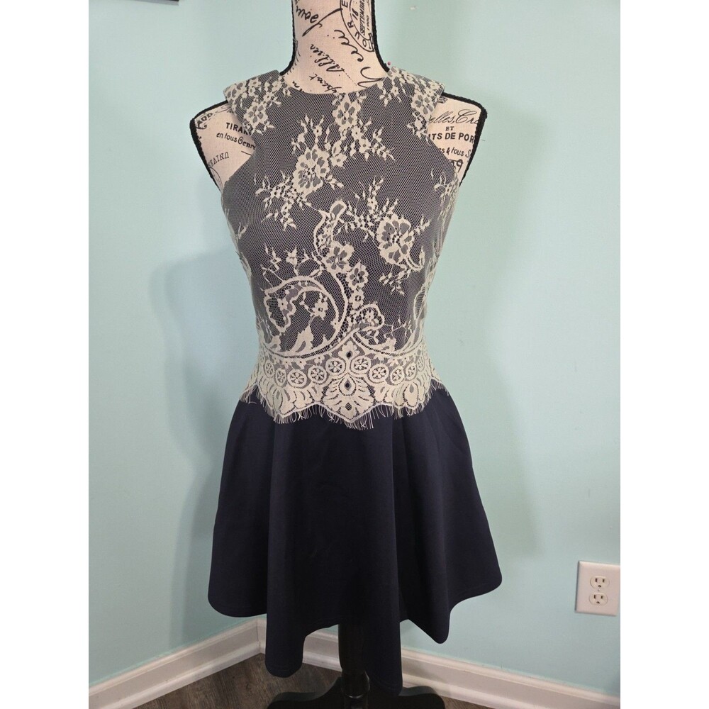 London Dress Company Dress Skater 4 Lace Chiffon Overlay navy new with tag